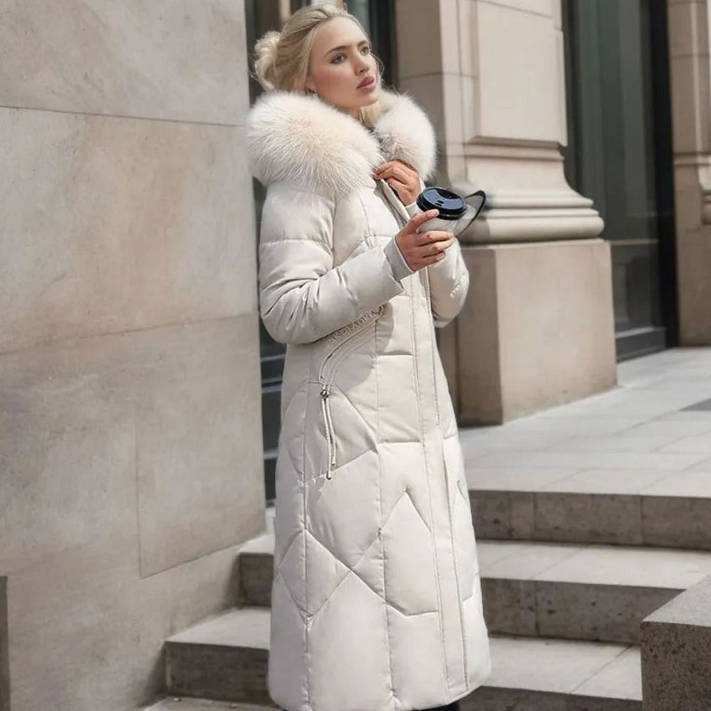Women's Knee-Length Hooded Coat with Faux Fur Trim