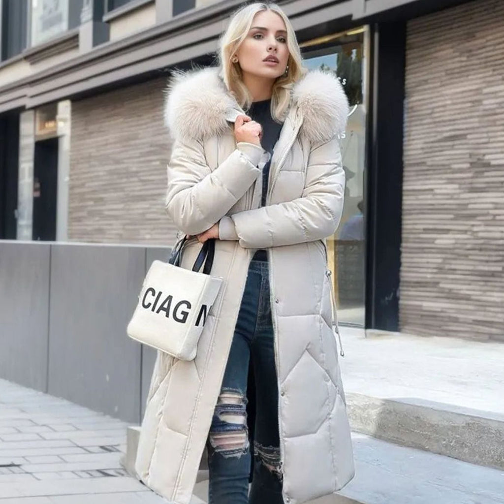 Women's Knee-Length Hooded Coat with Faux Fur Trim