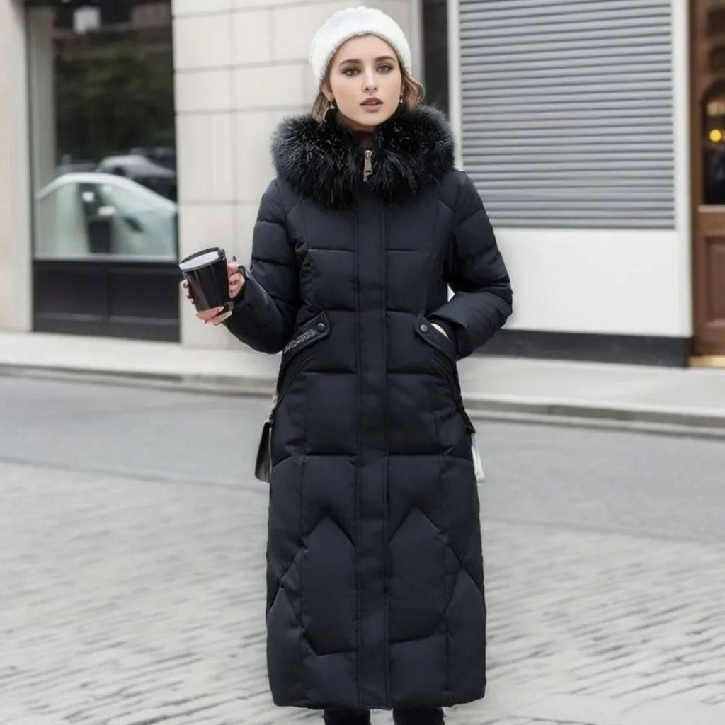 Women's Knee-Length Hooded Coat with Faux Fur Trim