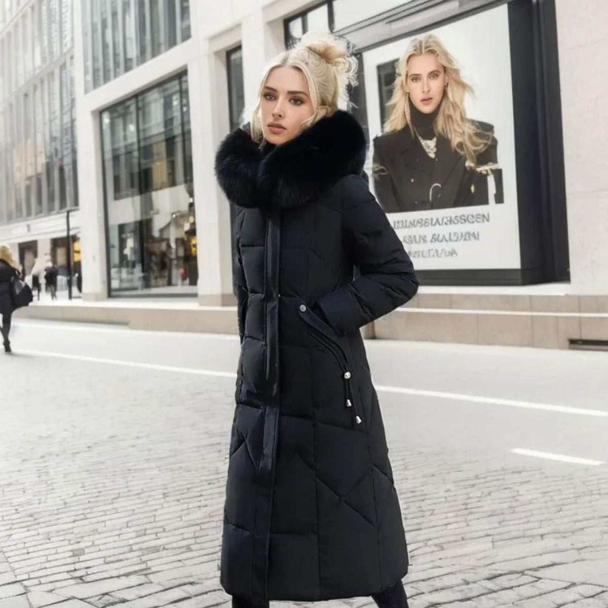 Women's Knee-Length Hooded Coat with Faux Fur Trim