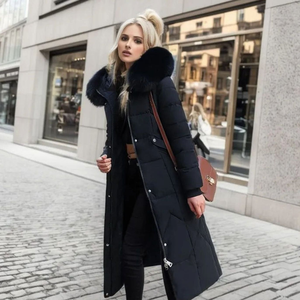 Women's Knee-Length Hooded Coat with Faux Fur Trim