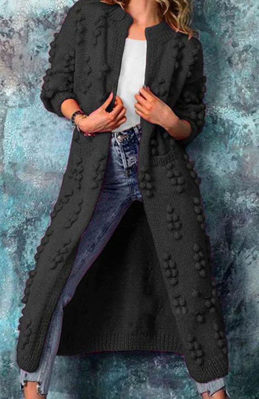 Women's Long Maxi Knit Cardigan with Pom-Pom Detail
