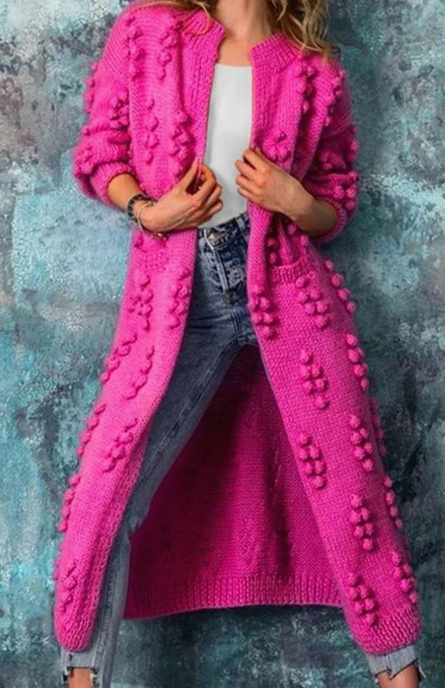 Women's Long Maxi Knit Cardigan with Pom-Pom Detail