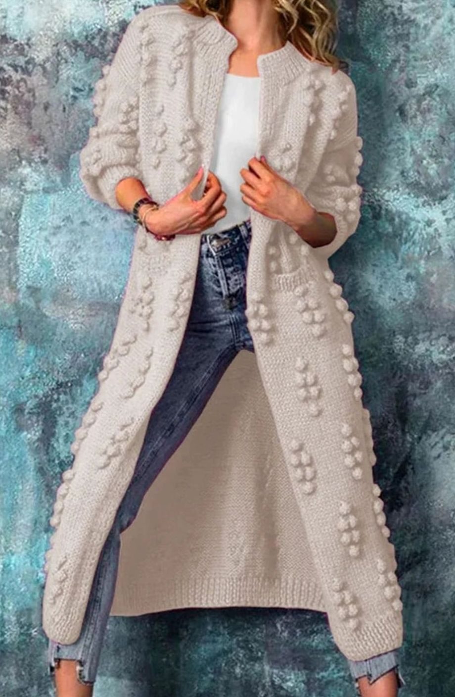 Women's Long Maxi Knit Cardigan with Pom-Pom Detail