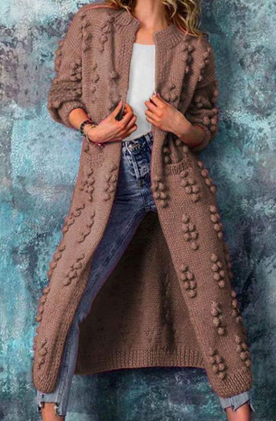 Women's Long Maxi Knit Cardigan with Pom-Pom Detail