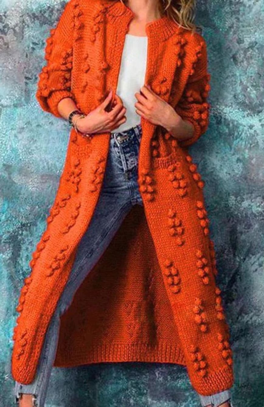 Women's Long Maxi Knit Cardigan with Pom-Pom Detail