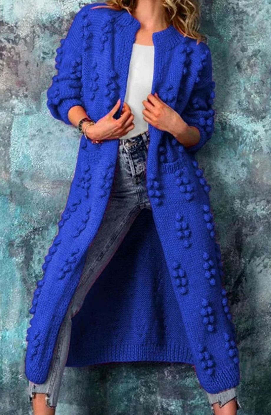 Women's Long Maxi Knit Cardigan with Pom-Pom Detail
