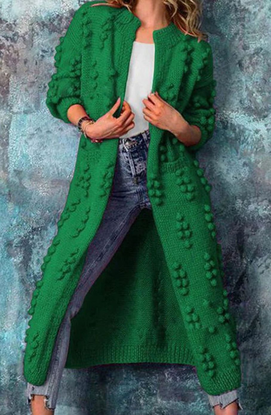 Women's Long Maxi Knit Cardigan with Pom-Pom Detail