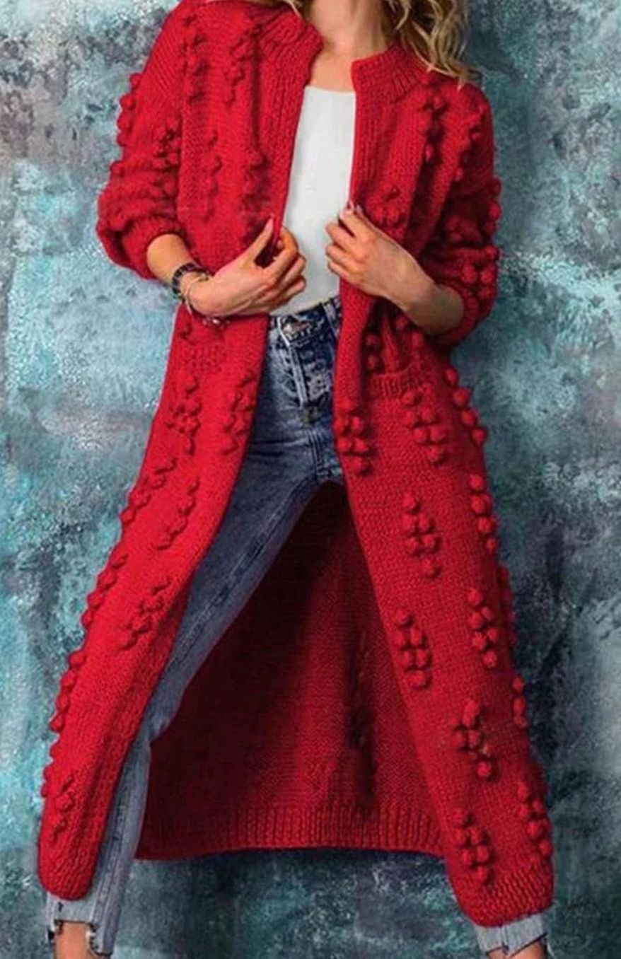 Women's Long Maxi Knit Cardigan with Pom-Pom Detail