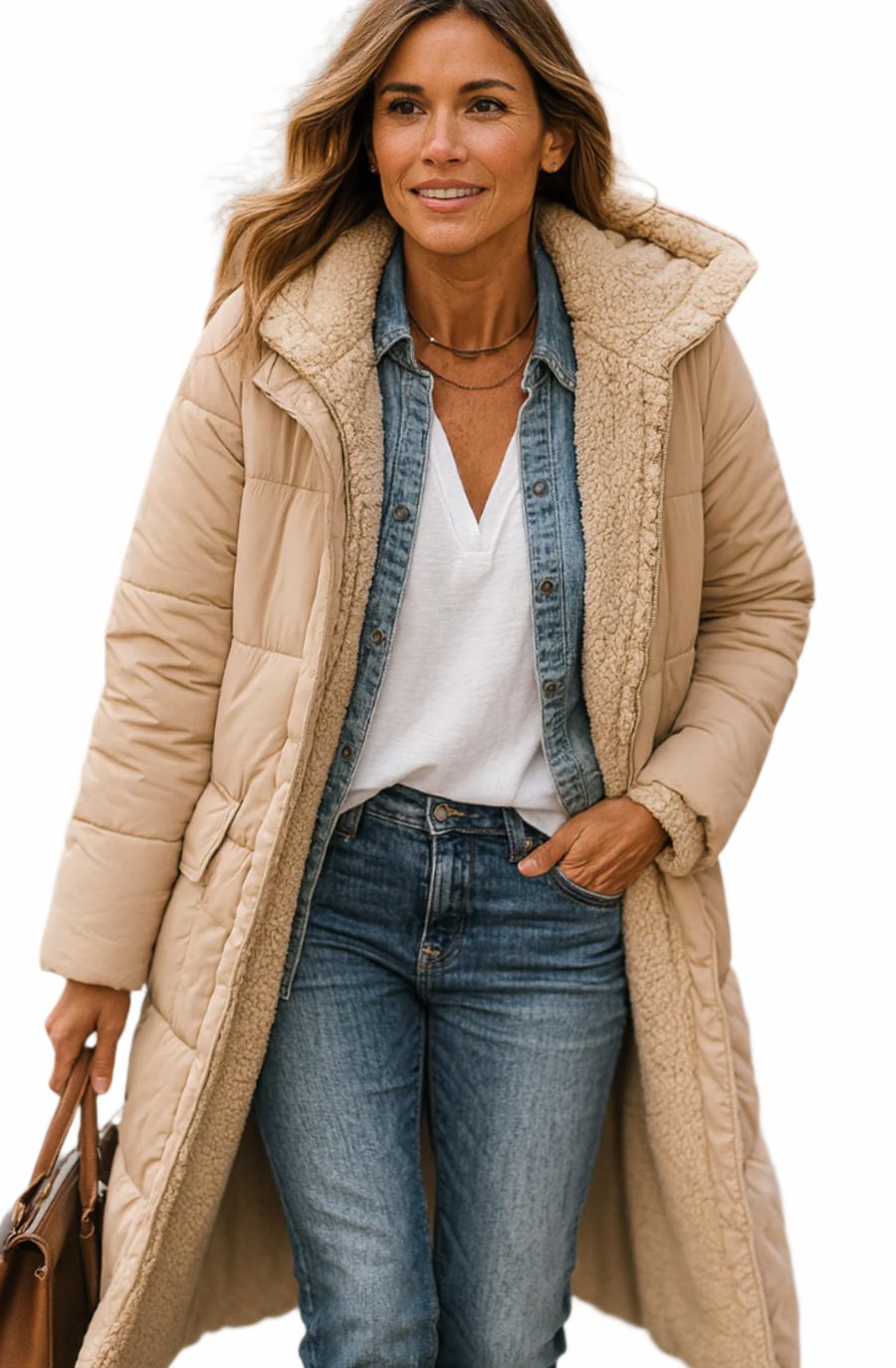 Women's Calf-Length Open-Front Sherpa Lined Overcoat