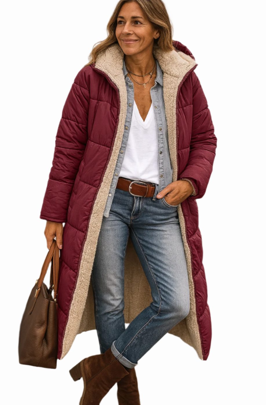 Women's Calf-Length Open-Front Sherpa Lined Overcoat