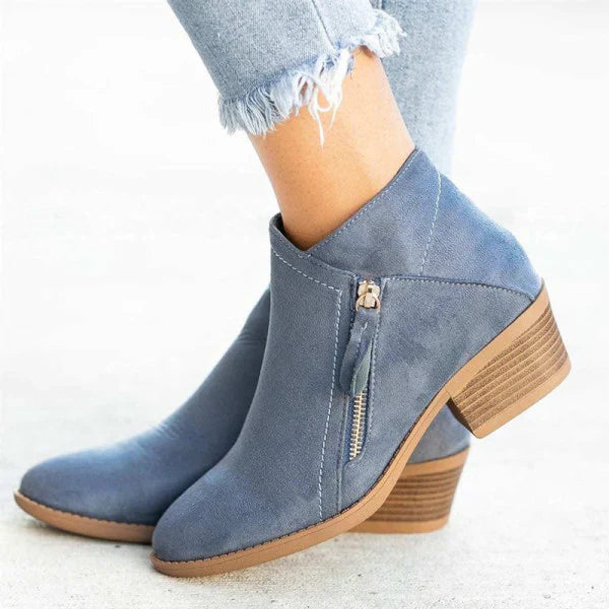 Women's Suede Low Heel Side Zip Ankle Booties