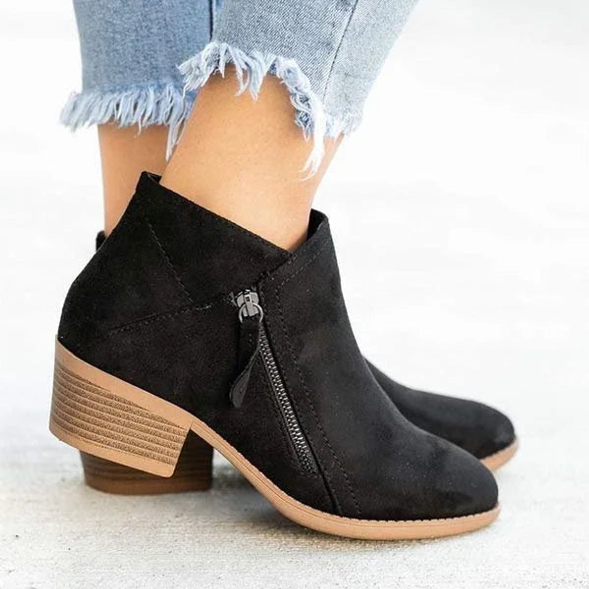Women's Suede Low Heel Side Zip Ankle Booties