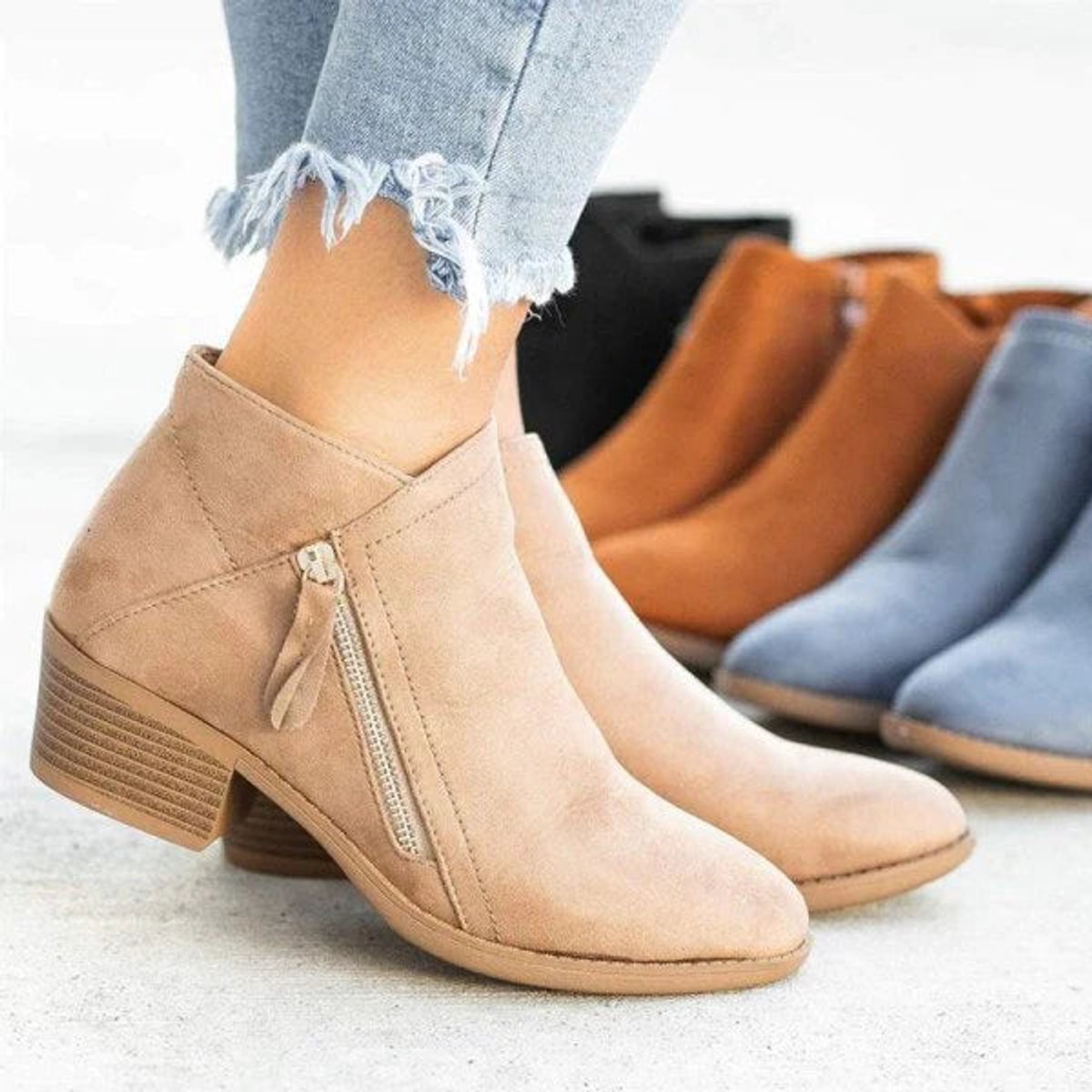 Women's Suede Low Heel Side Zip Ankle Booties