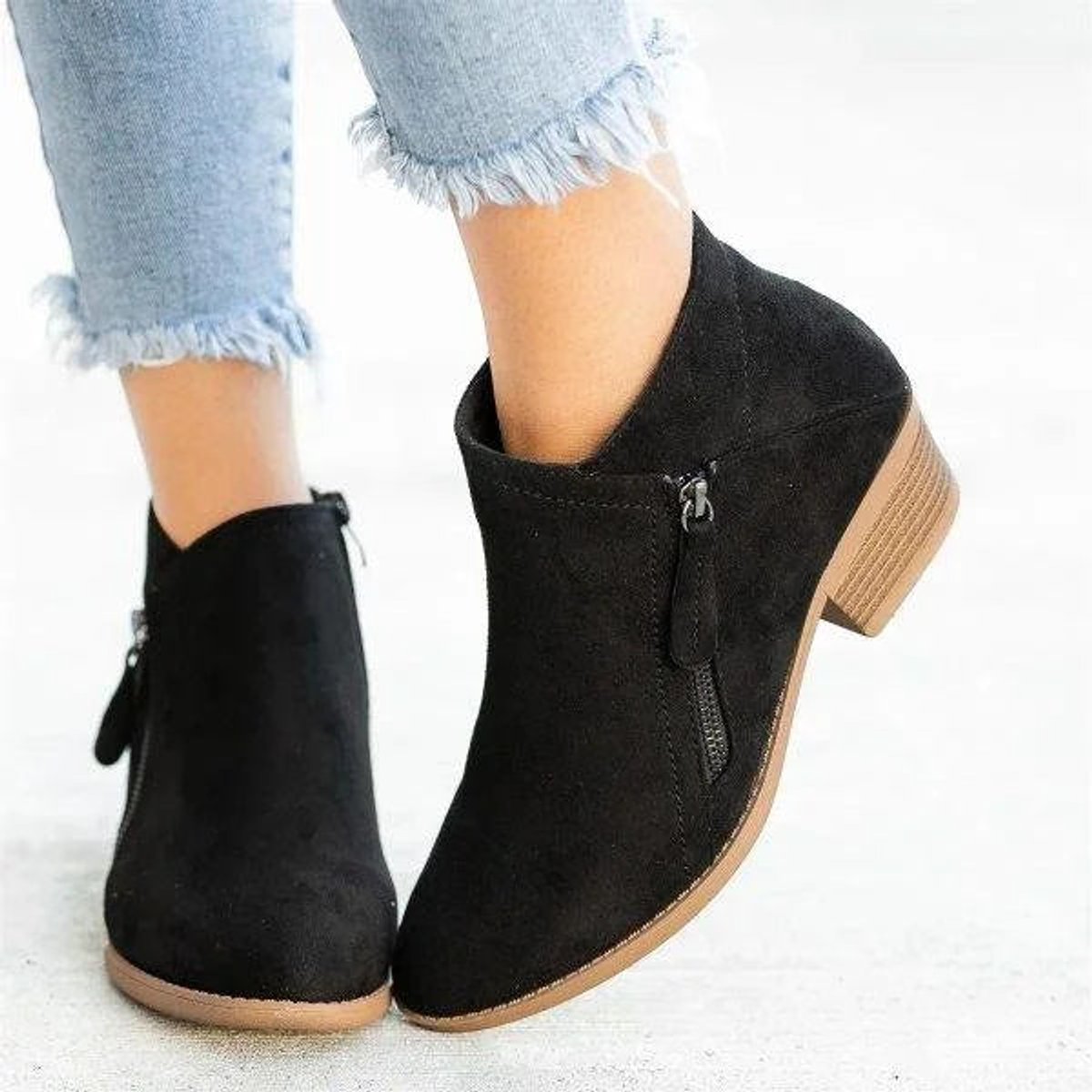 Women's Suede Low Heel Side Zip Ankle Booties