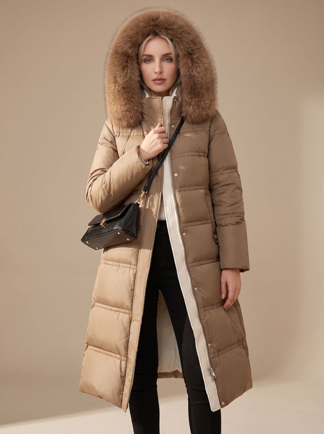 Women's Long Padded Parka Coat with Plush Trim Hood