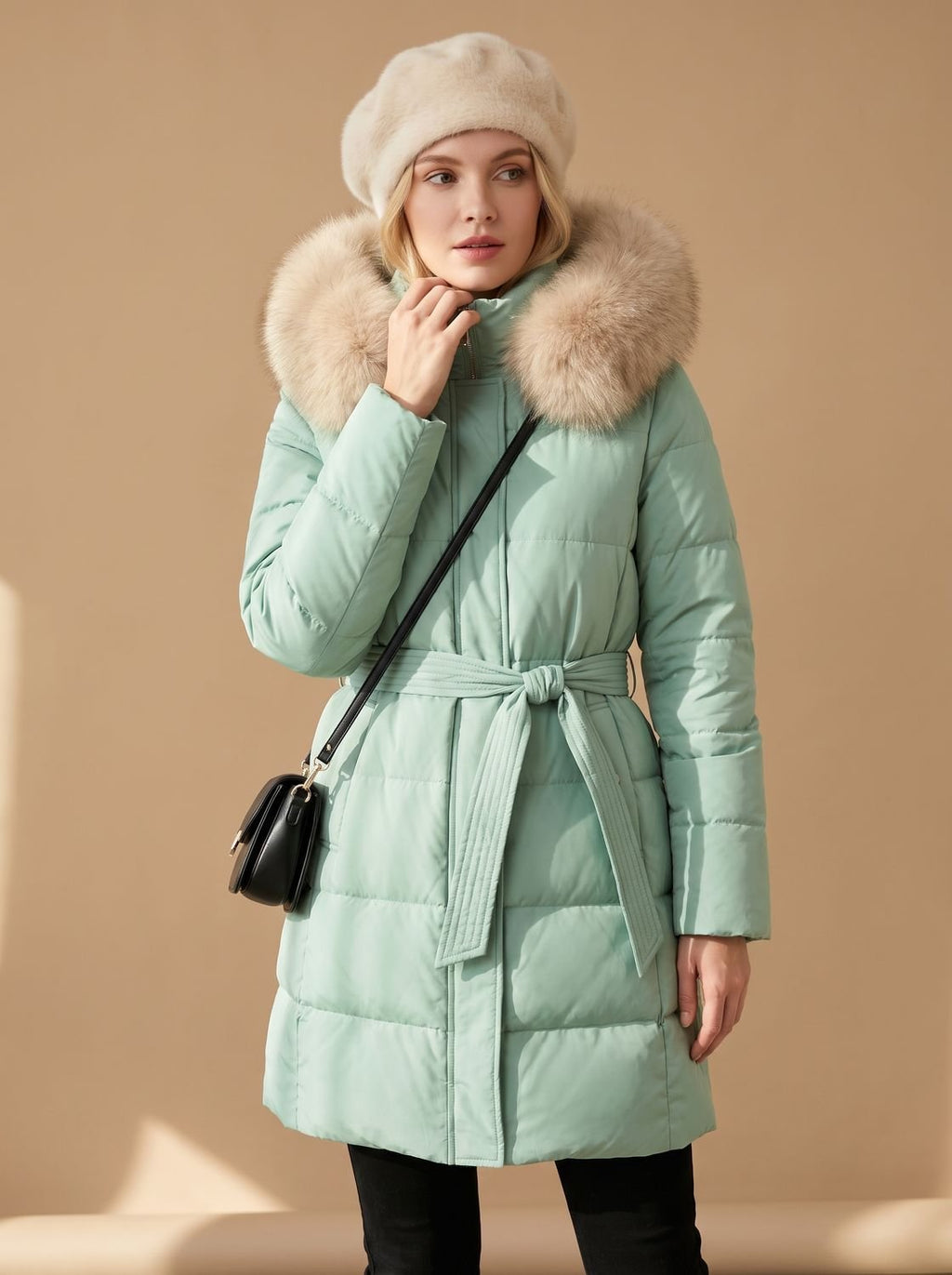 Women's Long Padded Parka Coat with Plush Trim Hood