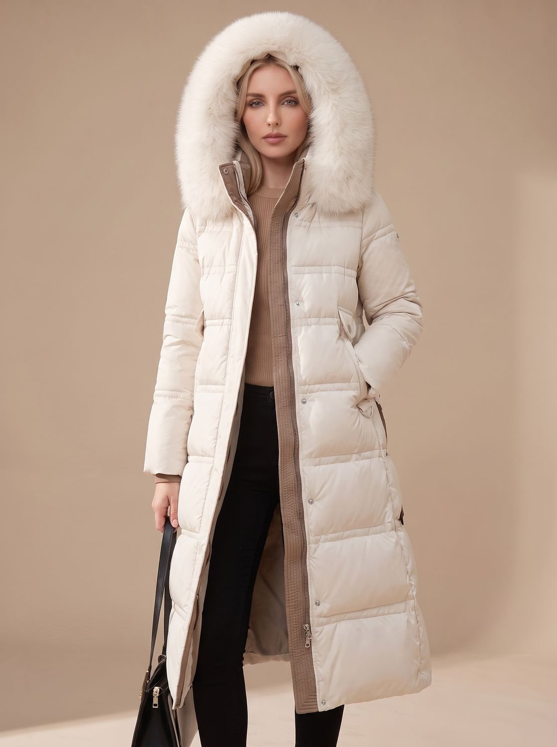 Women's Long Padded Parka Coat with Plush Trim Hood