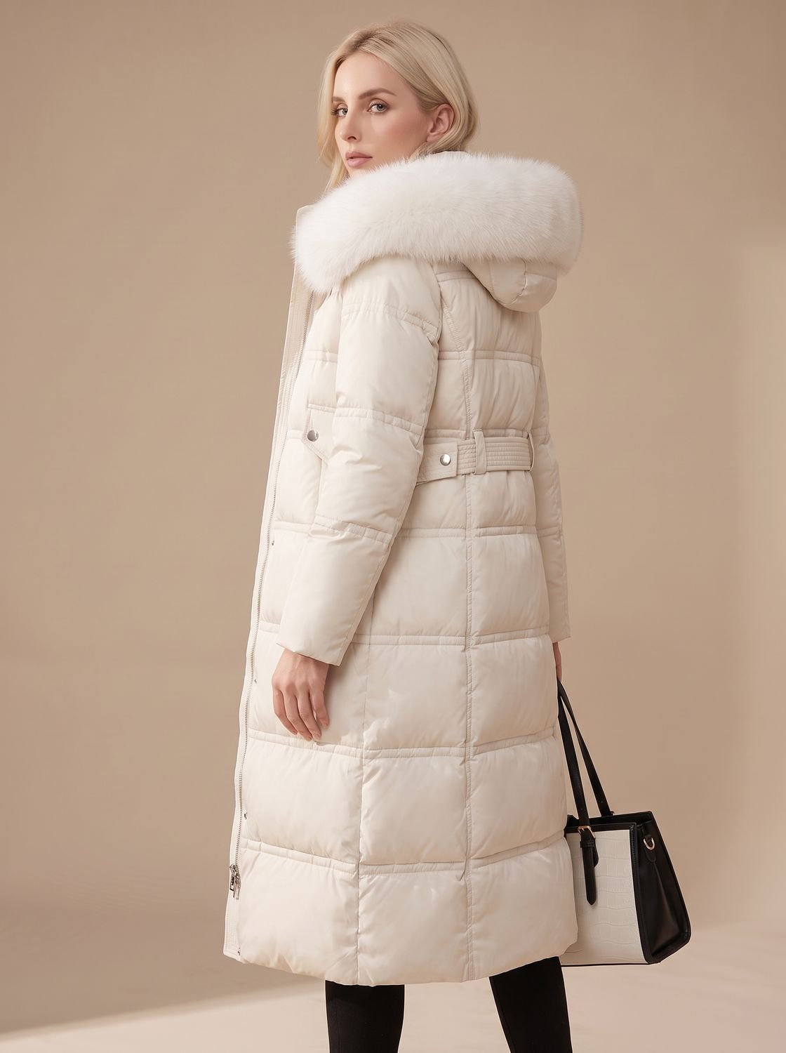Women's Long Padded Parka Coat with Plush Trim Hood