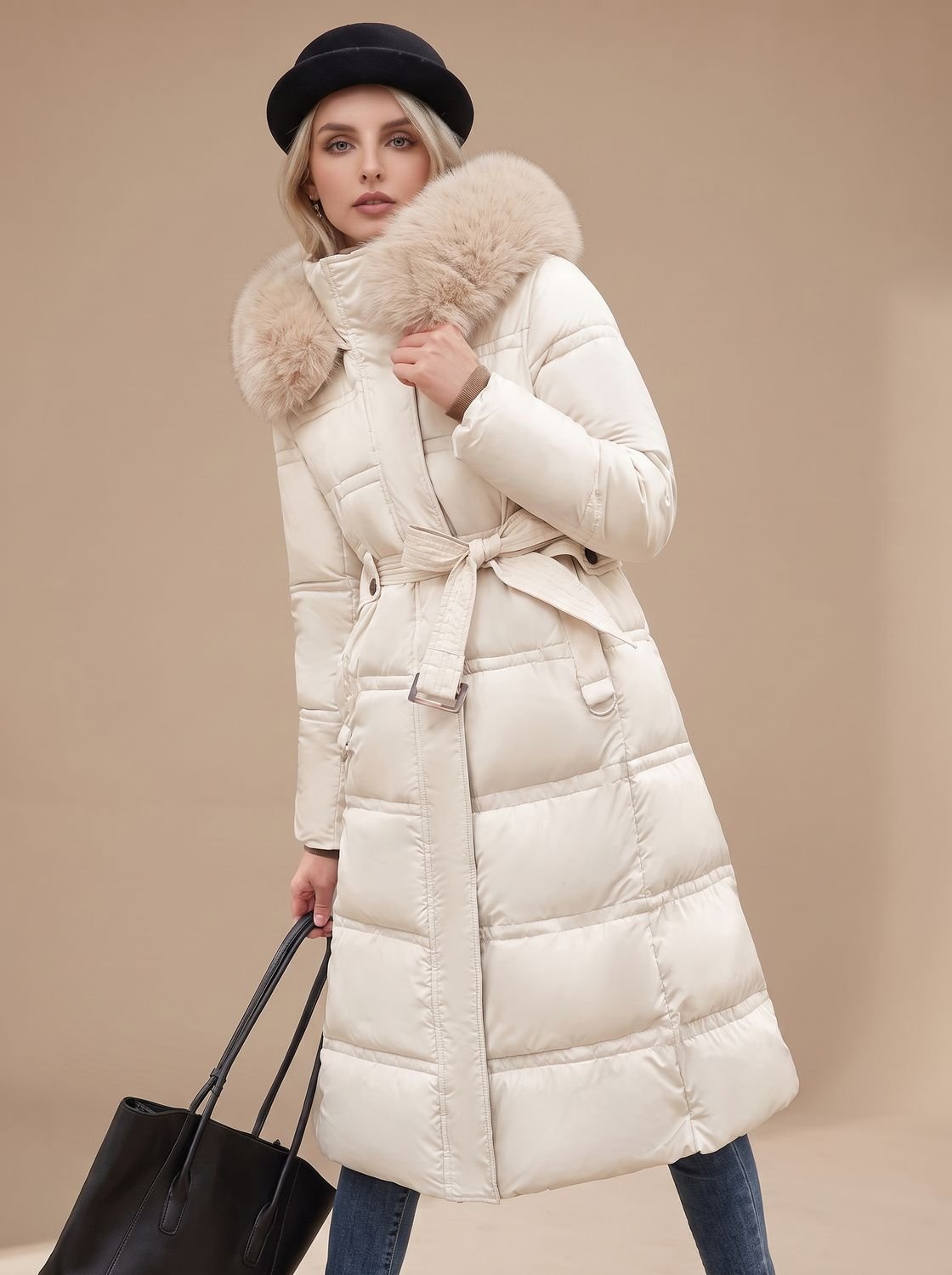 Women's Long Padded Parka Coat with Plush Trim Hood