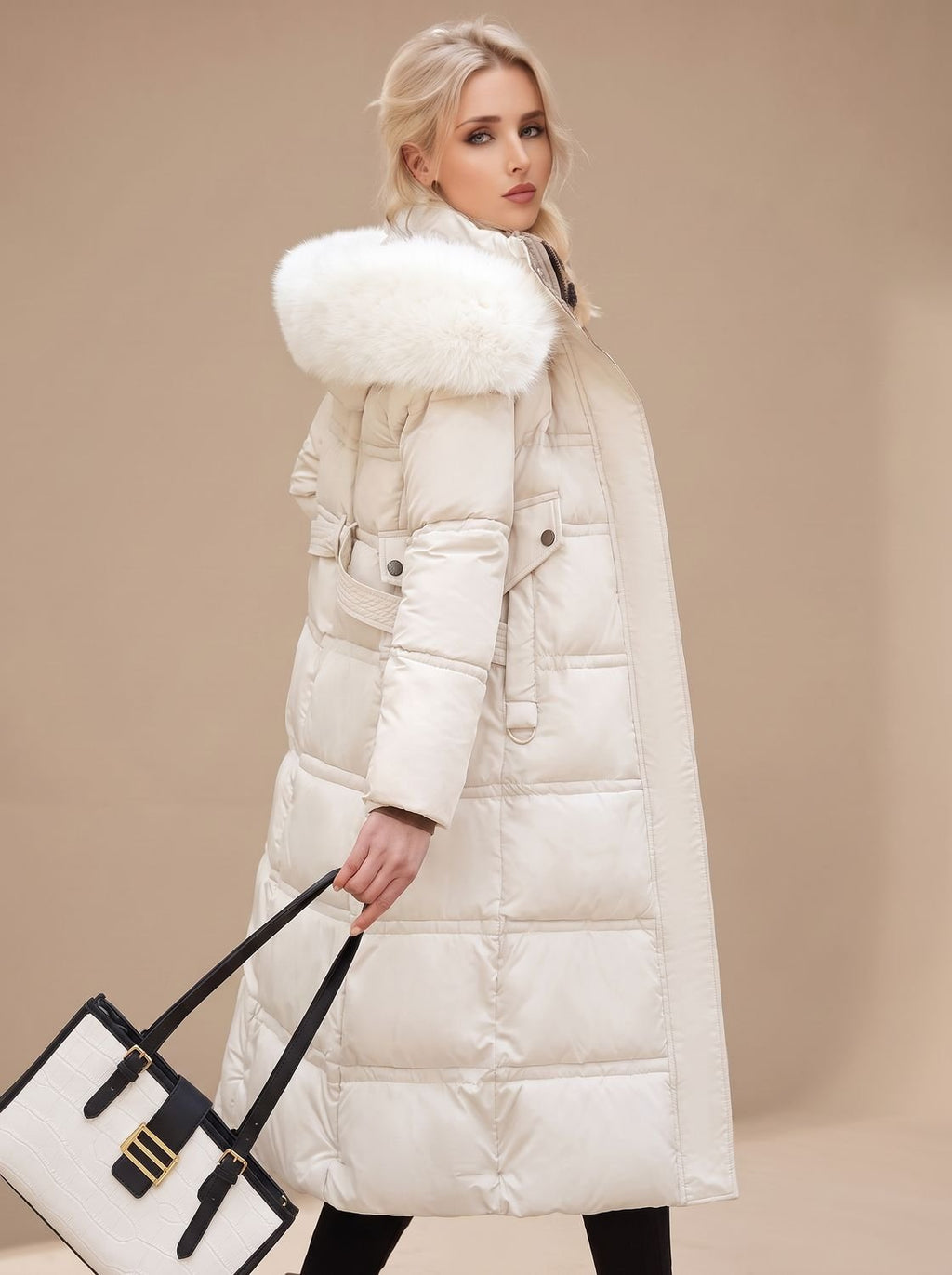 Women's Long Padded Parka Coat with Plush Trim Hood