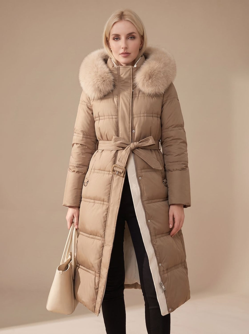 Women's Long Padded Parka Coat with Plush Trim Hood