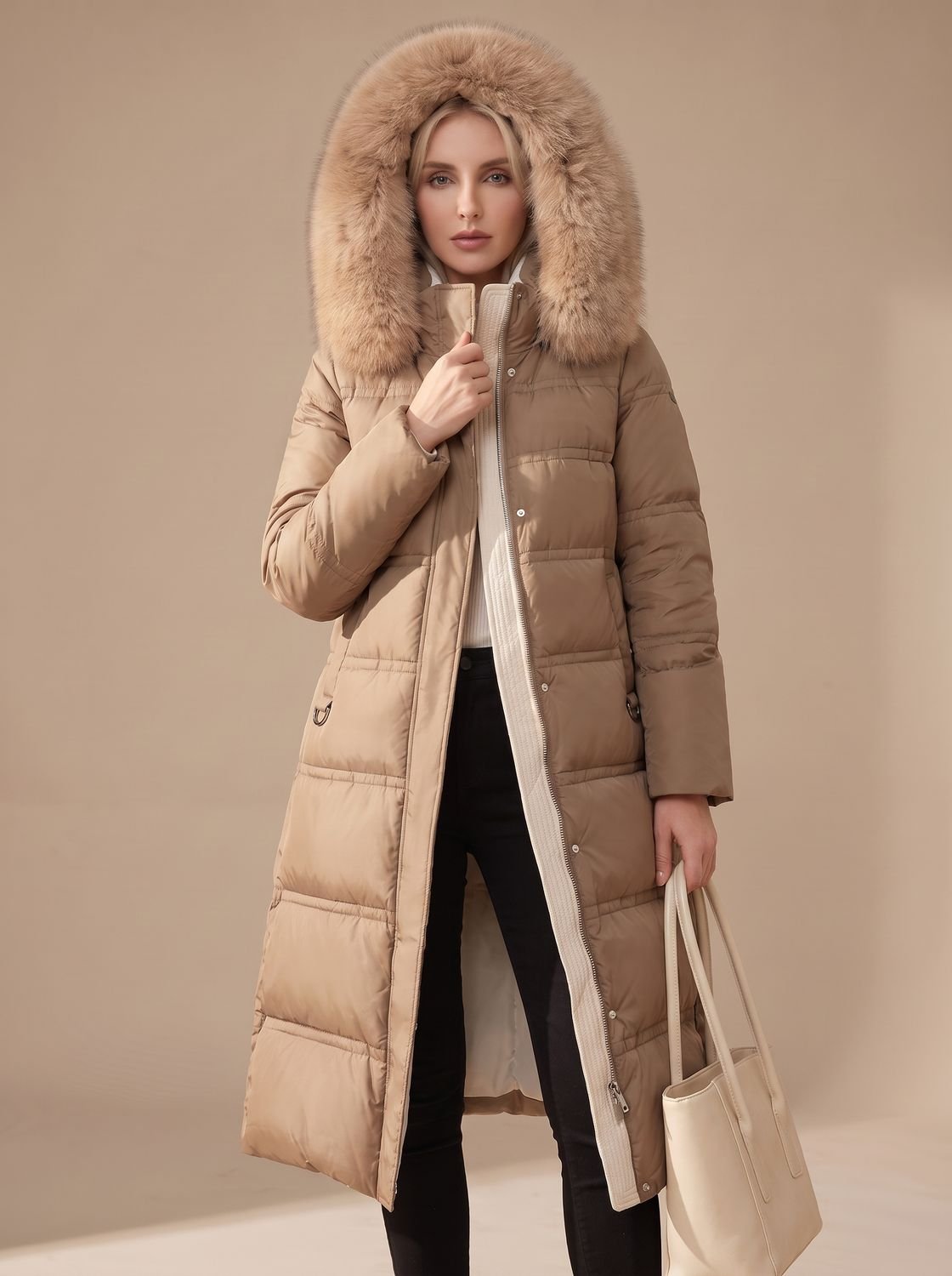 Women's Long Padded Parka Coat with Plush Trim Hood