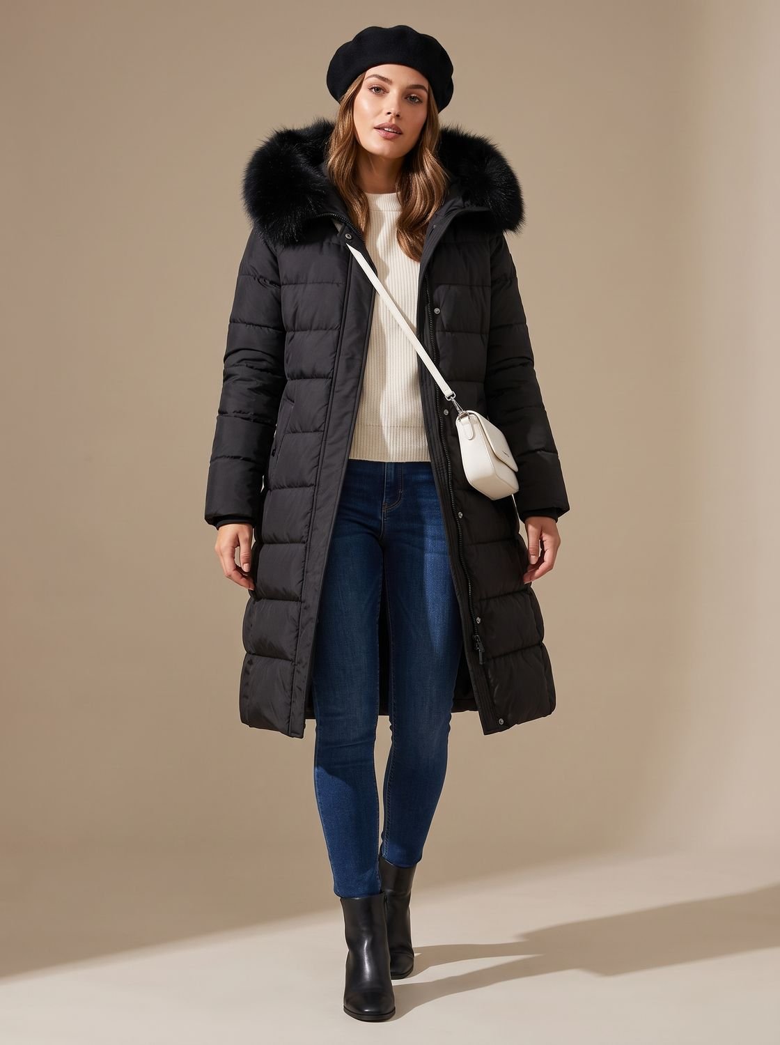 Women's Long Padded Parka Coat with Plush Trim Hood