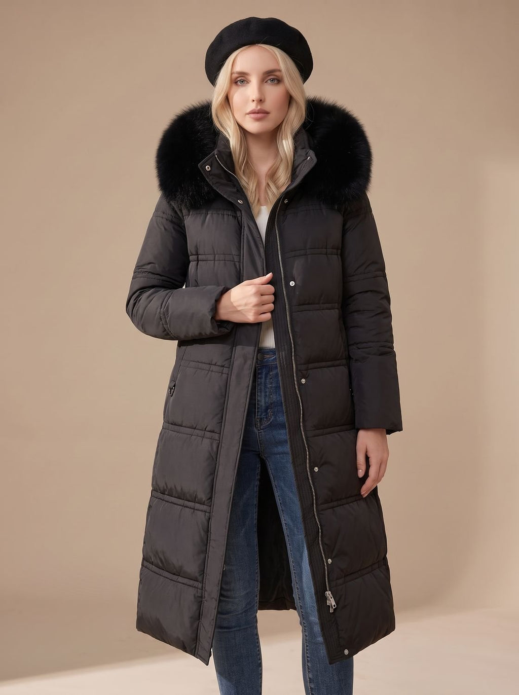 Women's Long Padded Parka Coat with Plush Trim Hood
