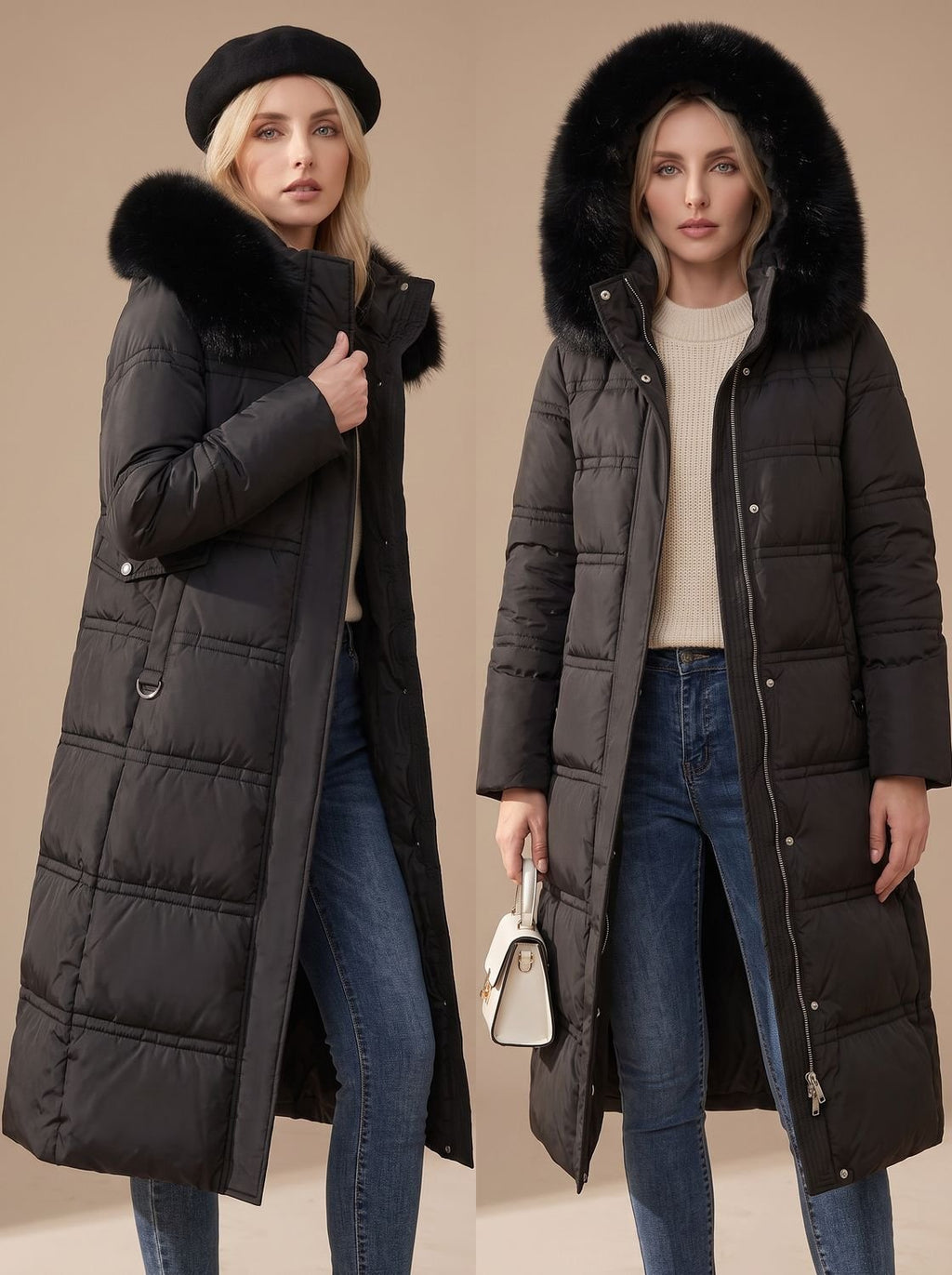 Women's Long Padded Parka Coat with Plush Trim Hood