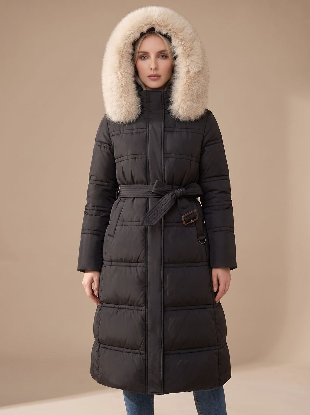 Women's Long Padded Parka Coat with Plush Trim Hood