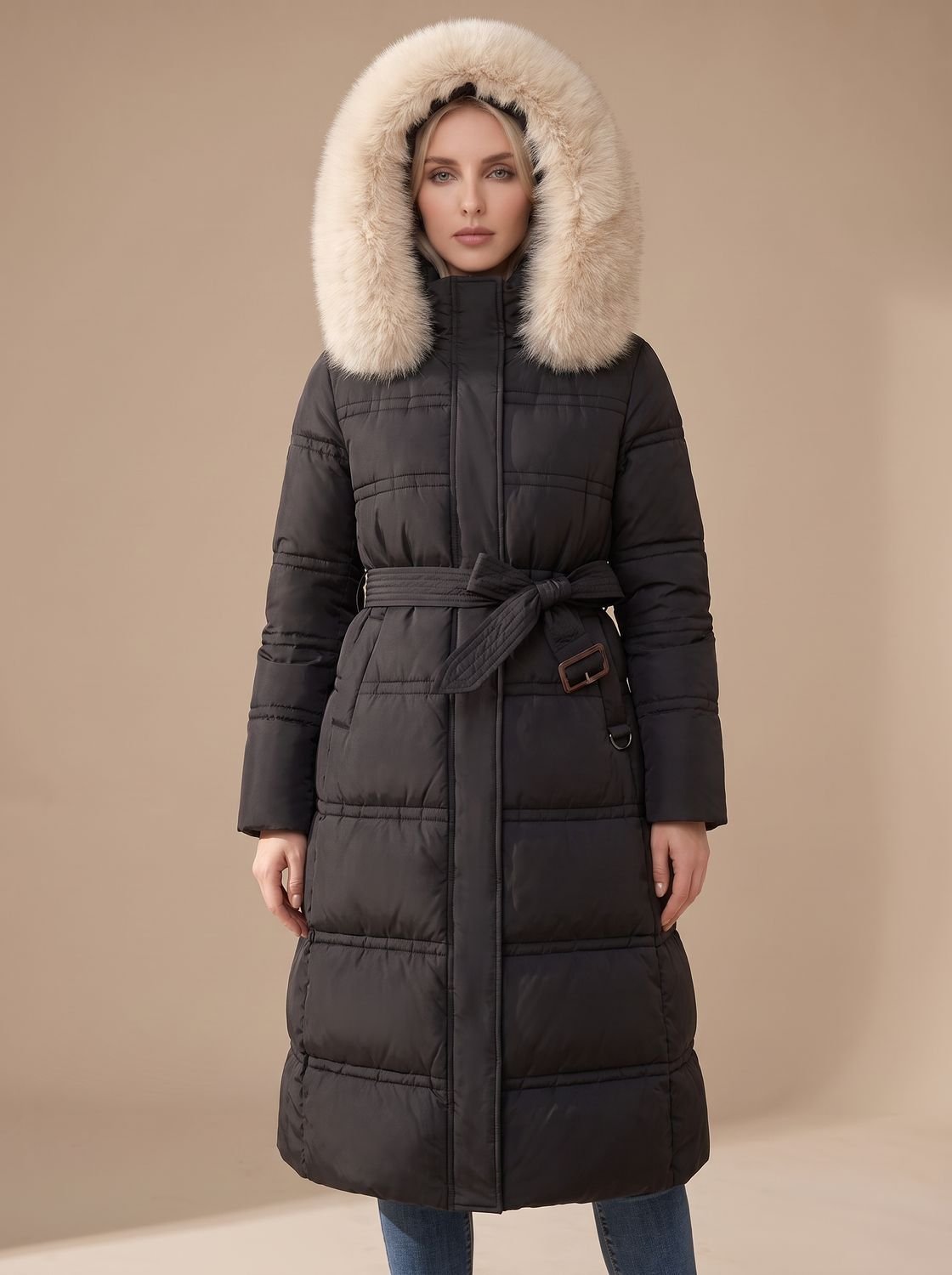 Women's Long Padded Parka Coat with Plush Trim Hood