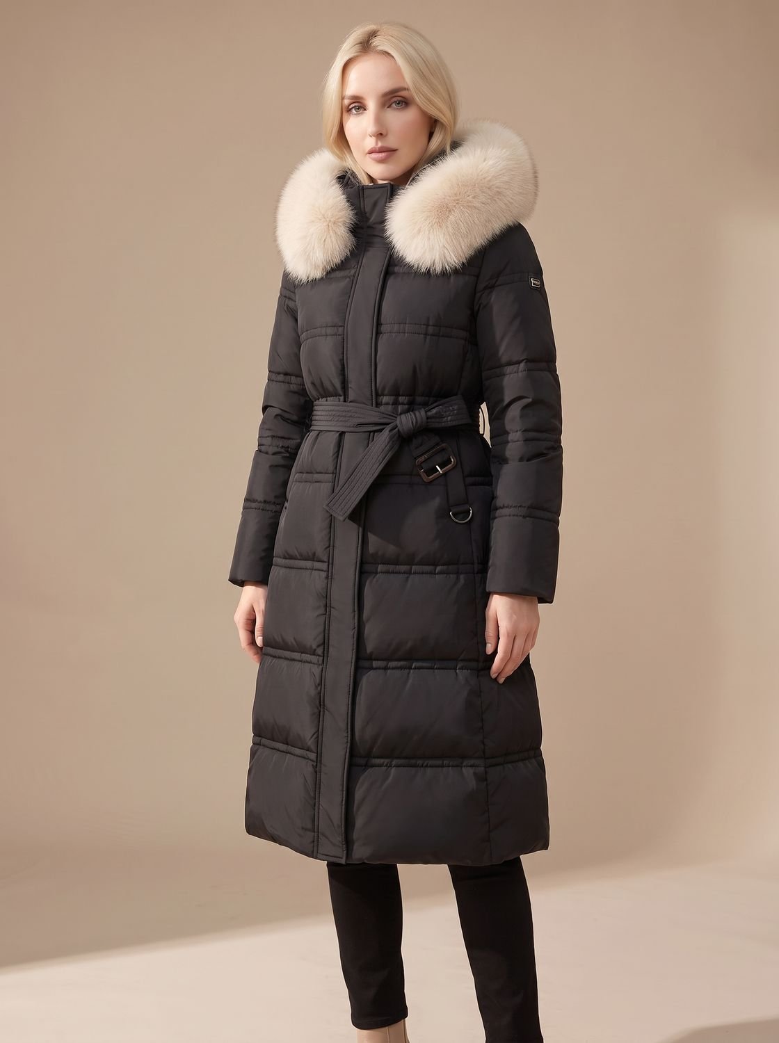 Women's Long Padded Parka Coat with Plush Trim Hood