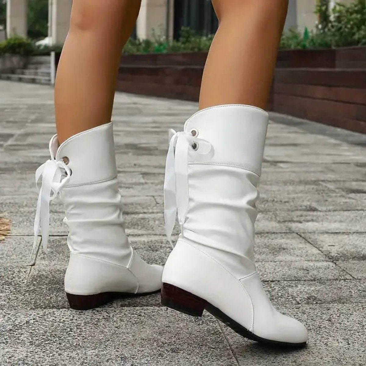 Women's Lace-Up Slouchy Block Heel Mid-Calf Booties