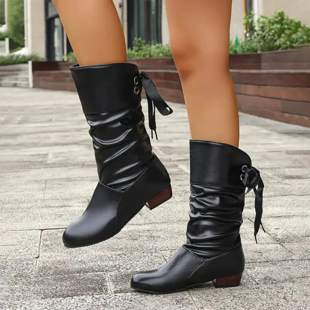 Women's Lace-Up Slouchy Block Heel Mid-Calf Booties