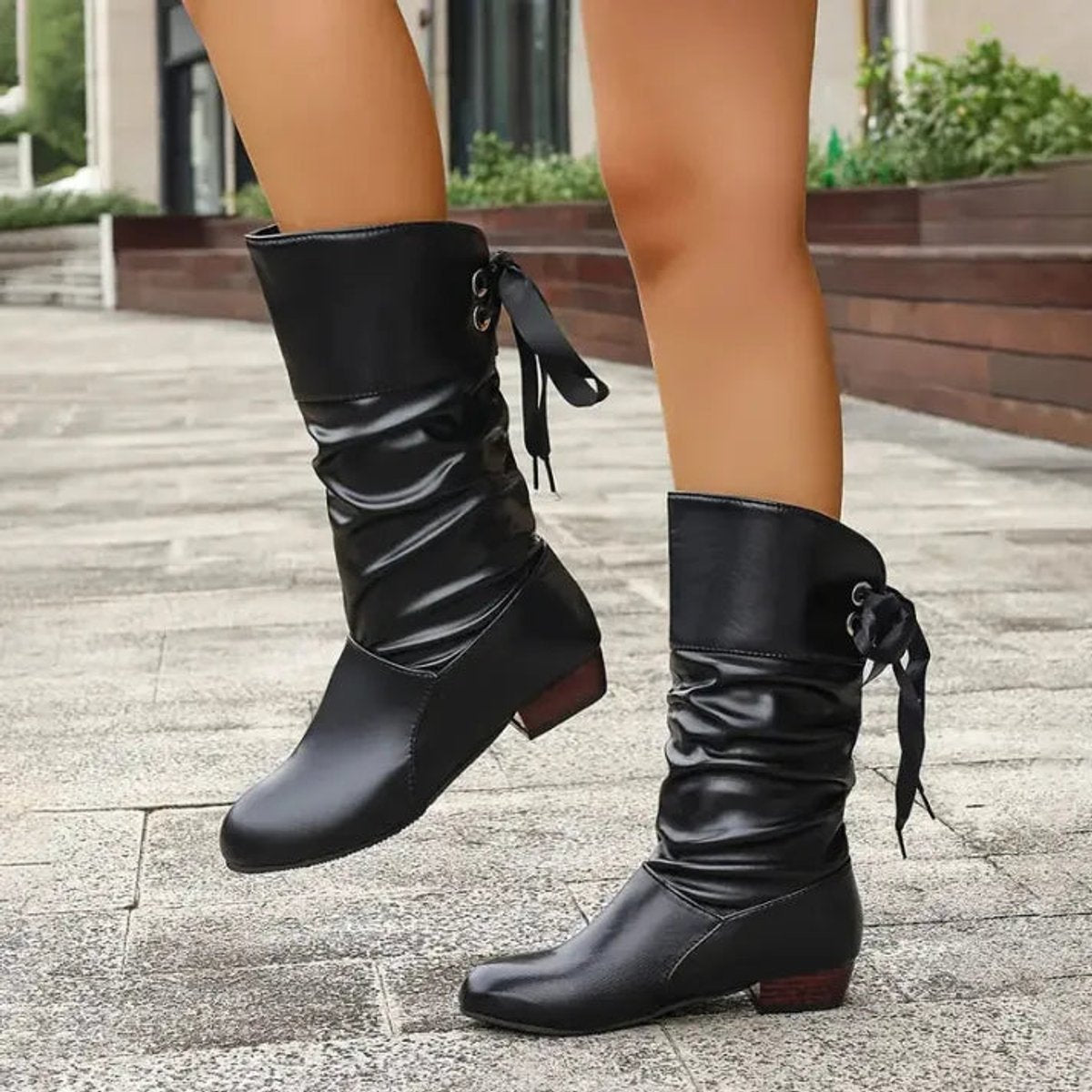 Women's Lace-Up Slouchy Block Heel Mid-Calf Booties