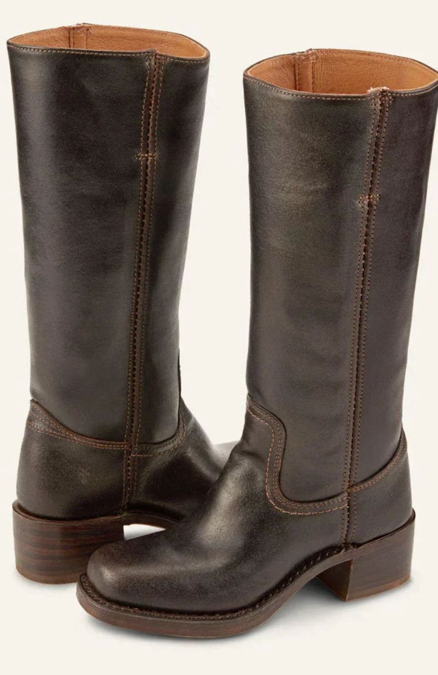 Women's Leather Western Boots with Stacked Heel