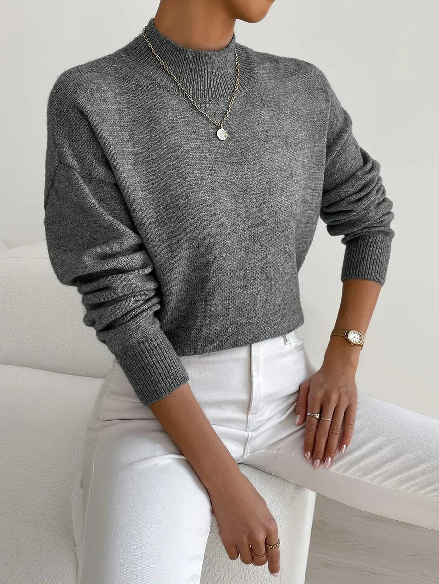 Women's Ribbed Mock Neck Knit Pullover with Relaxed Fit