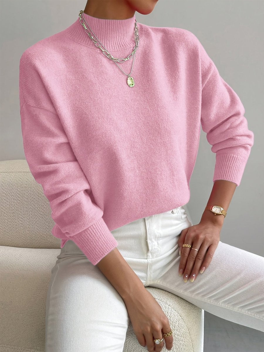 Women's Ribbed Mock Neck Knit Pullover with Relaxed Fit