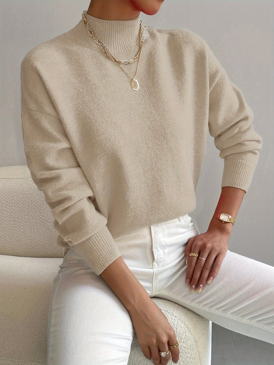 Women's Ribbed Mock Neck Knit Pullover with Relaxed Fit