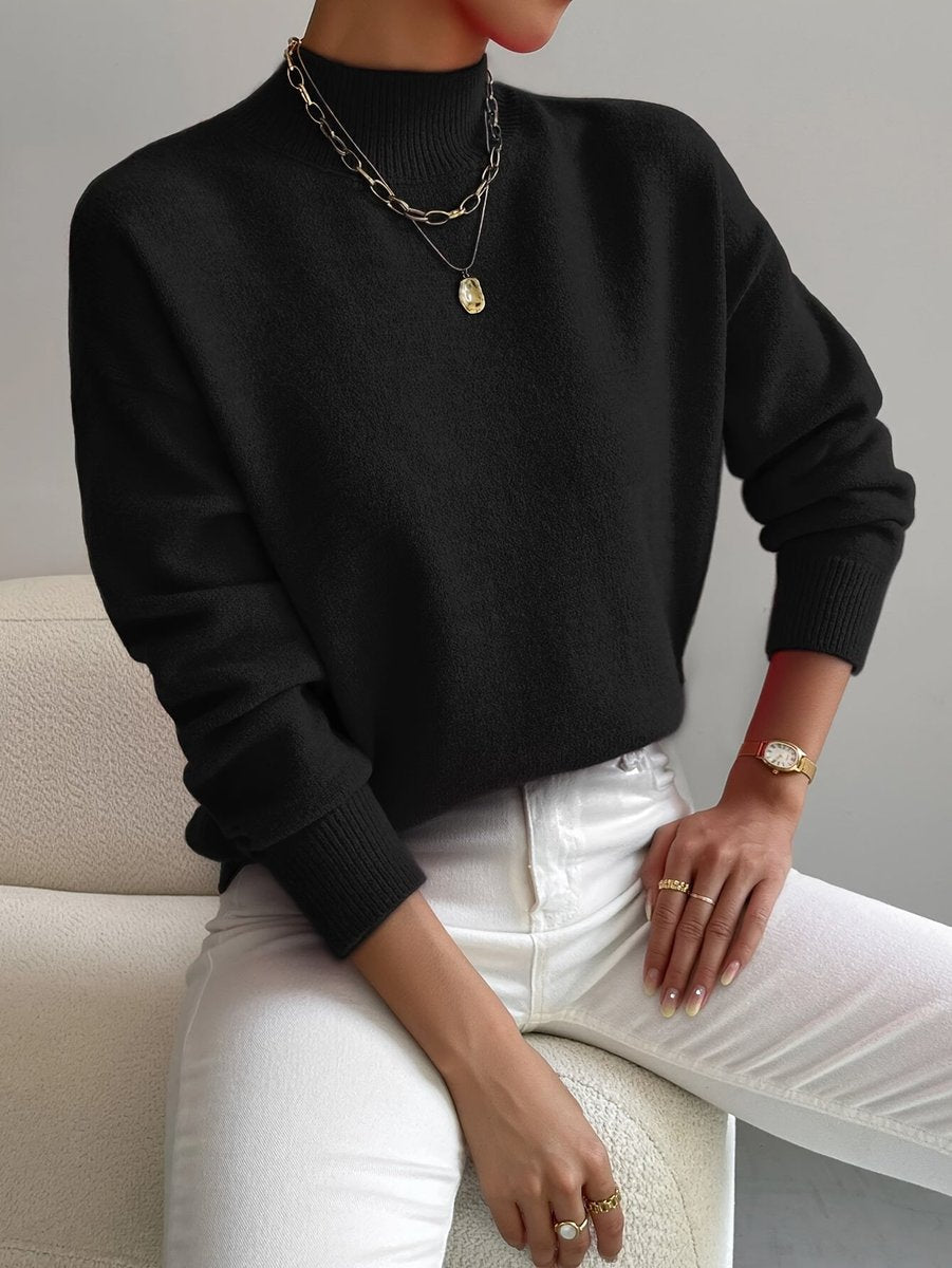 Women's Ribbed Mock Neck Knit Pullover with Relaxed Fit