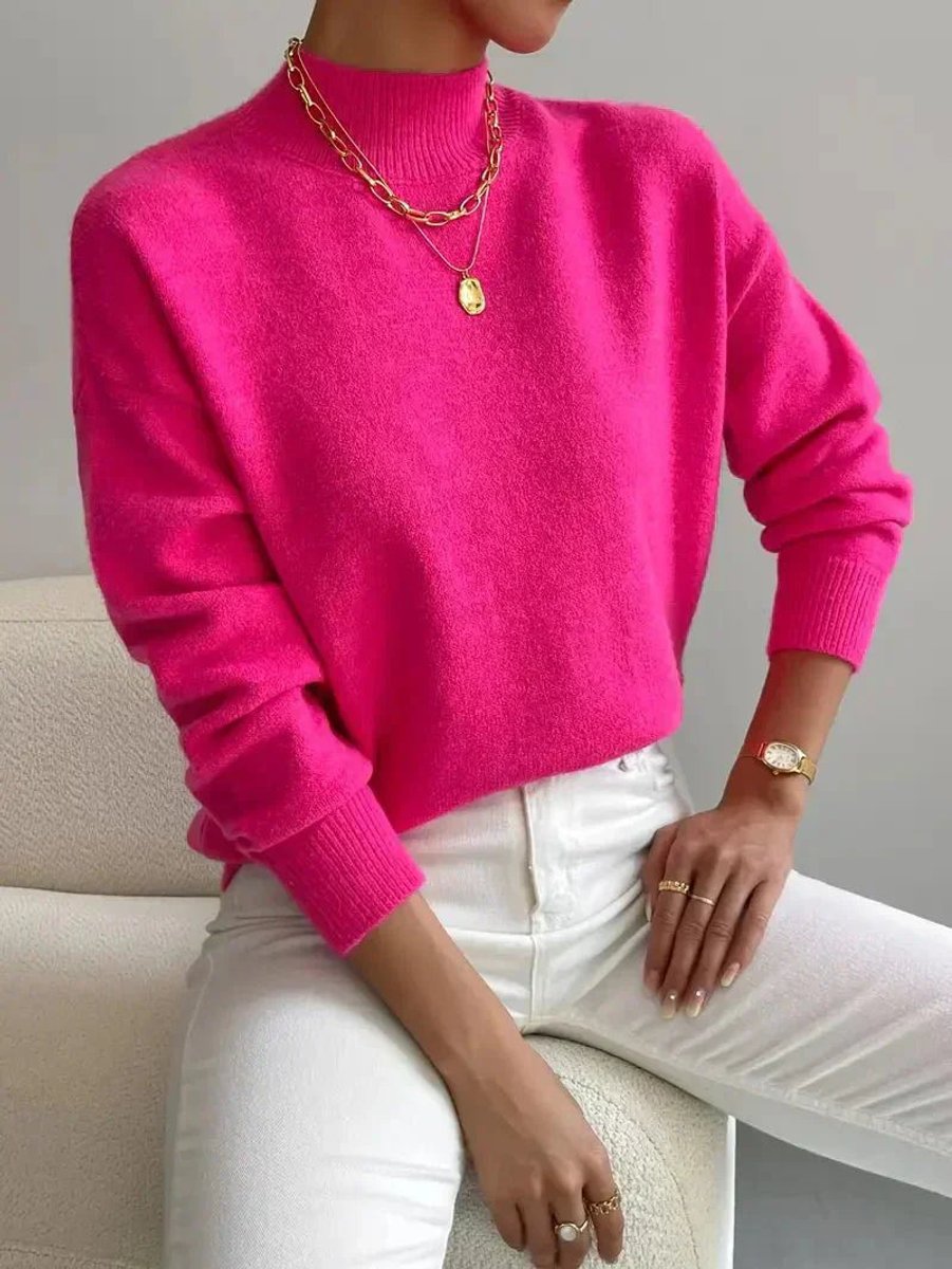Women's Ribbed Mock Neck Knit Pullover with Relaxed Fit