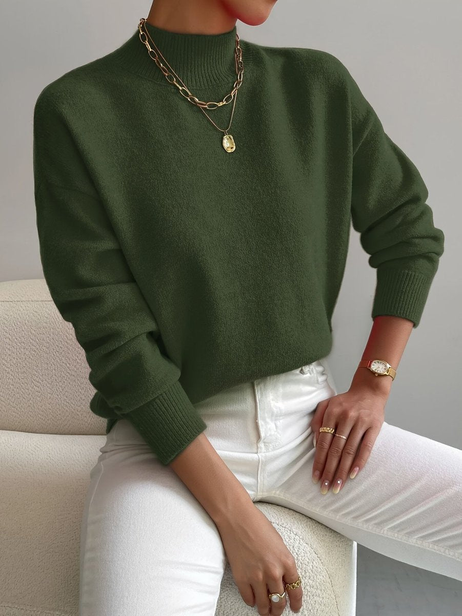 Women's Ribbed Mock Neck Knit Pullover with Relaxed Fit