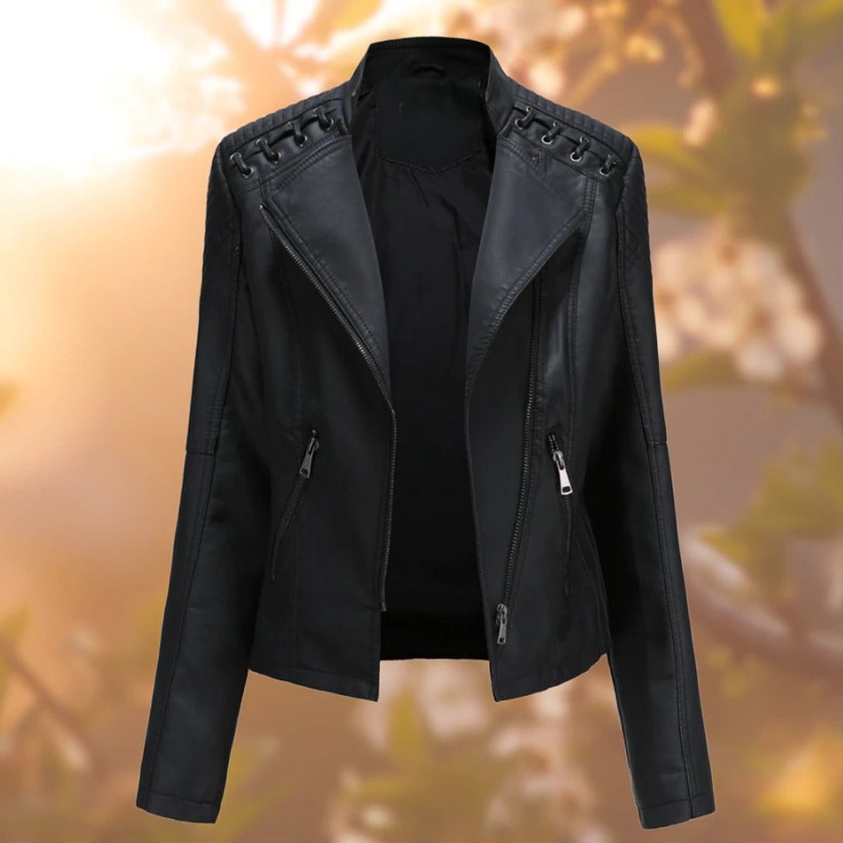 Women's Slim Faux Leather Moto Jacket with Zipper