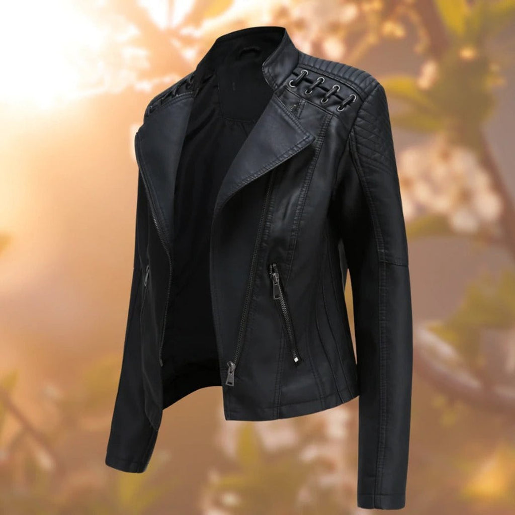Women's Slim Faux Leather Moto Jacket with Zipper