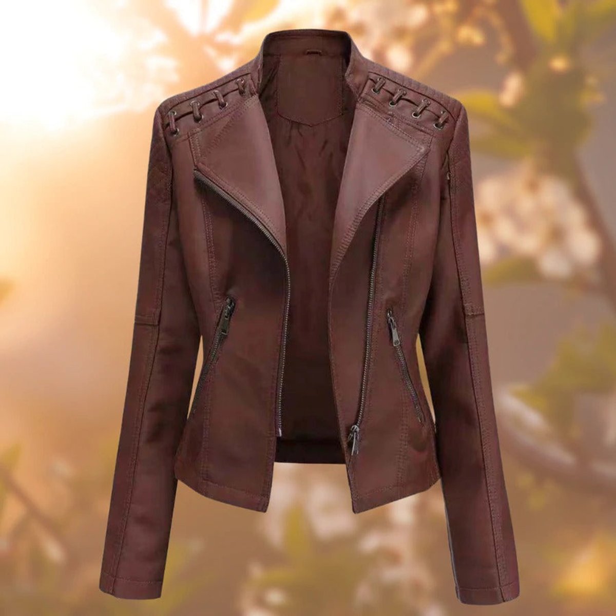 Women's Slim Faux Leather Moto Jacket with Zipper