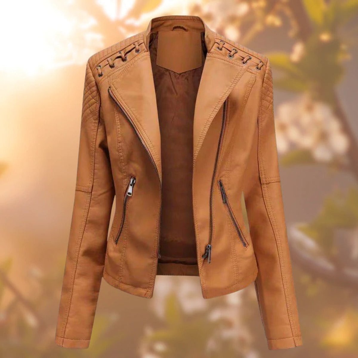 Women's Slim Faux Leather Moto Jacket with Zipper