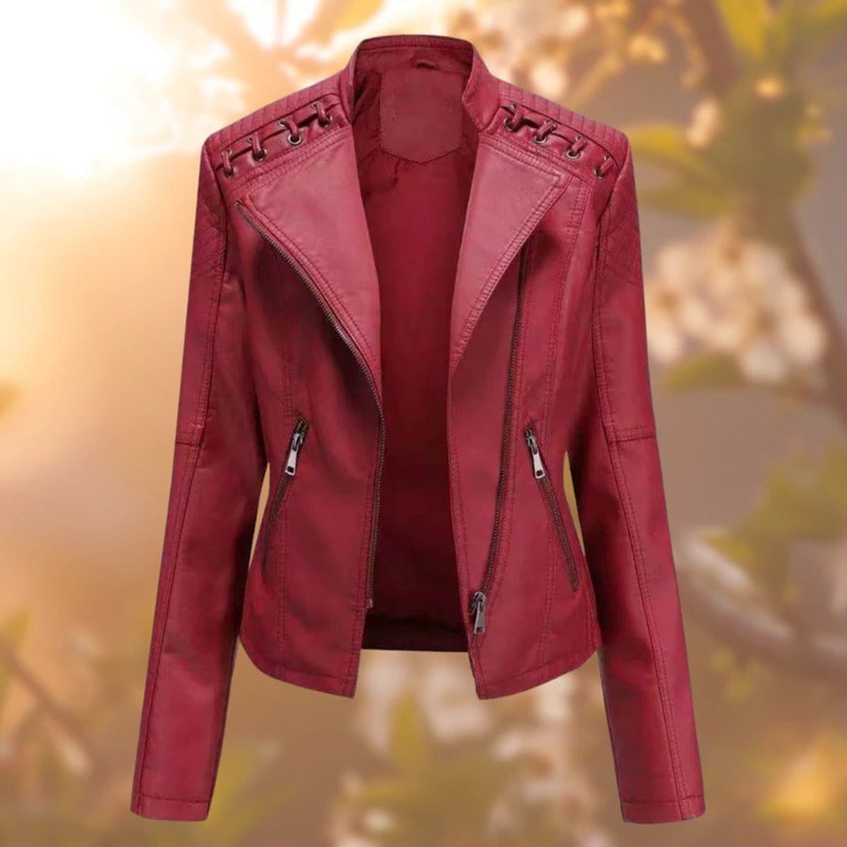 Women's Slim Faux Leather Moto Jacket with Zipper