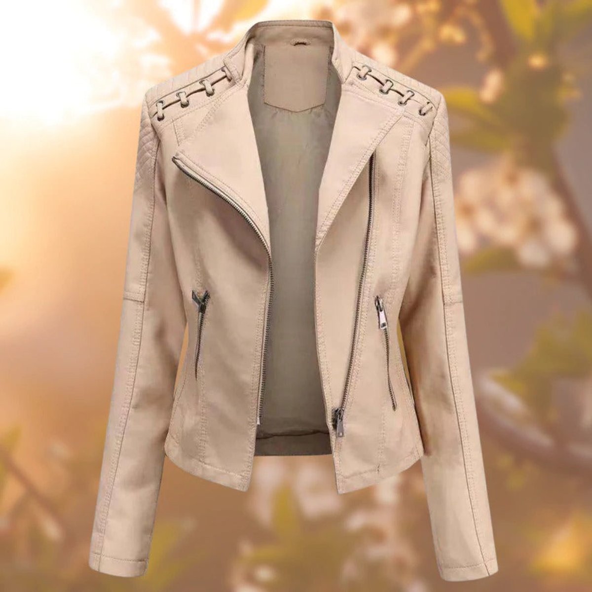 Women's Slim Faux Leather Moto Jacket with Zipper
