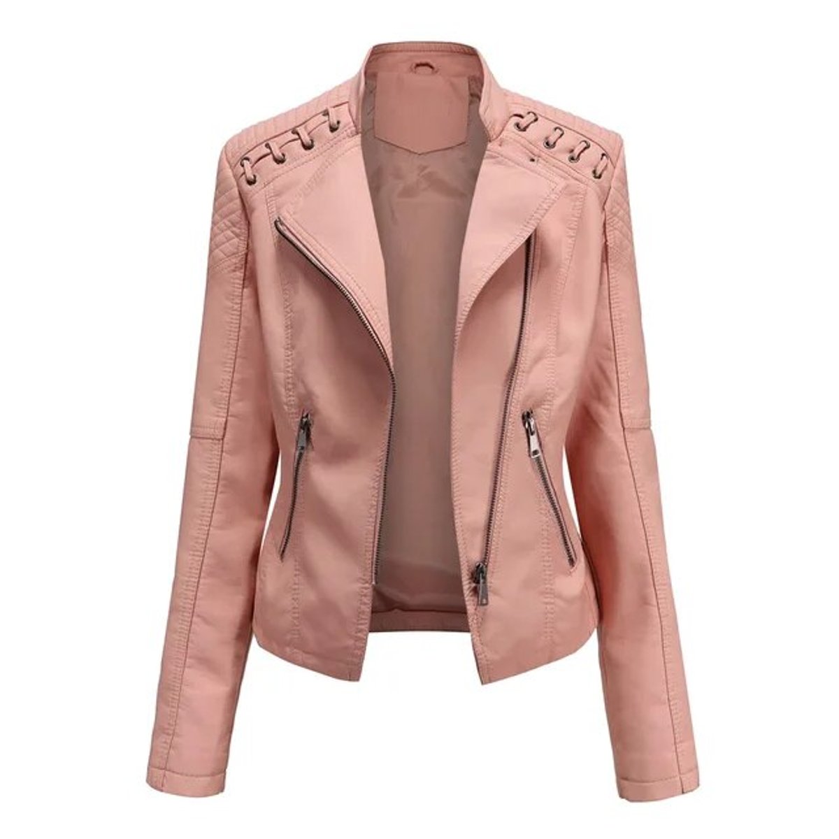 Women's Slim Faux Leather Moto Jacket with Zipper